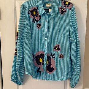 Maeve Blue Striped Blouse with Floral Embroidery